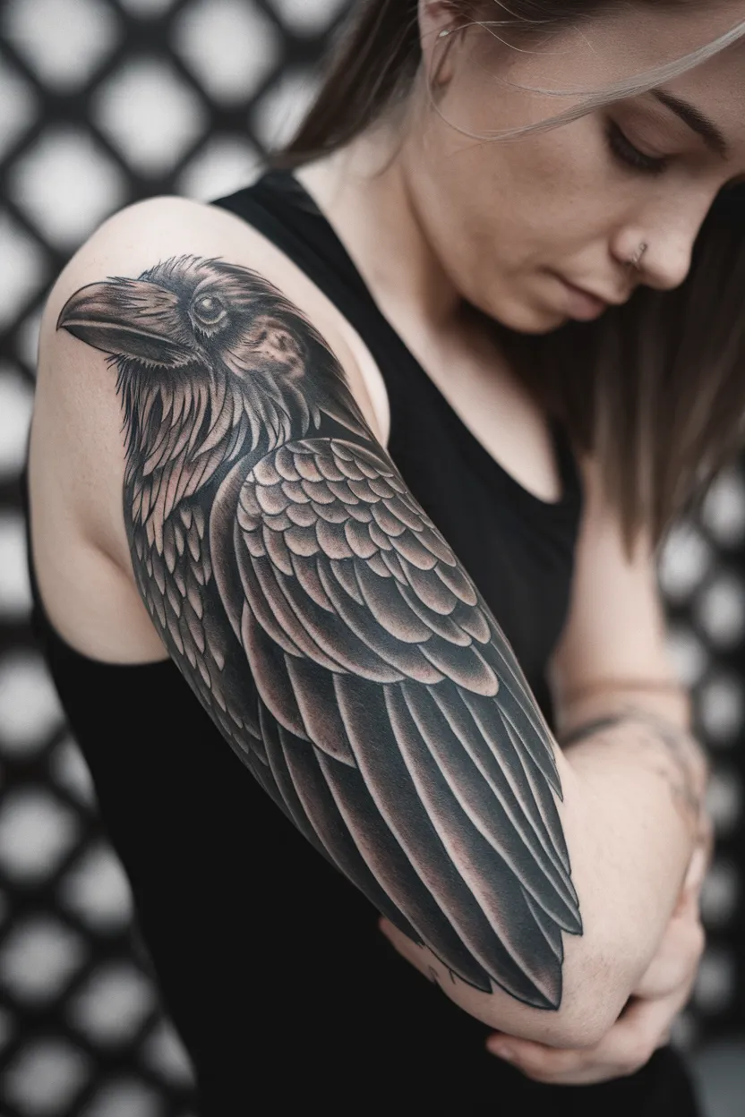 Large Raven Tattoo on the Arm