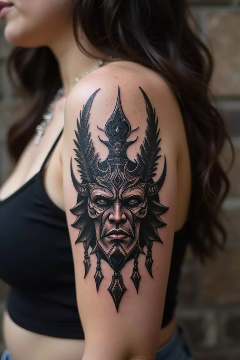 A close-up shot of a woman showing her black ink tribal warrior mask tattoo on her arm