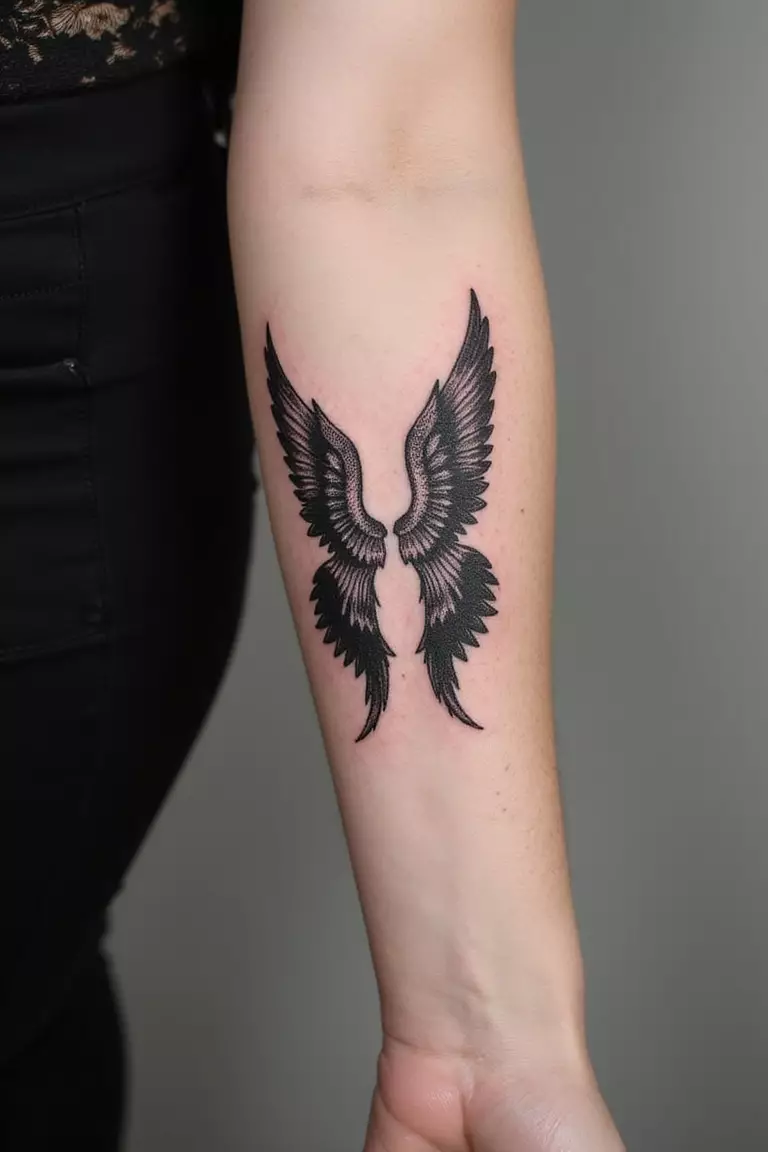 Abstract Angel Wings A close-up shot of a woman's arm with a black ink tattoo of abstract angel wings.