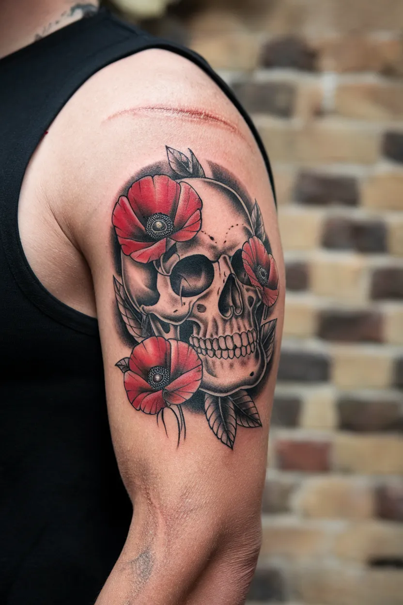 Poppy-Adorned Skull Tattoo