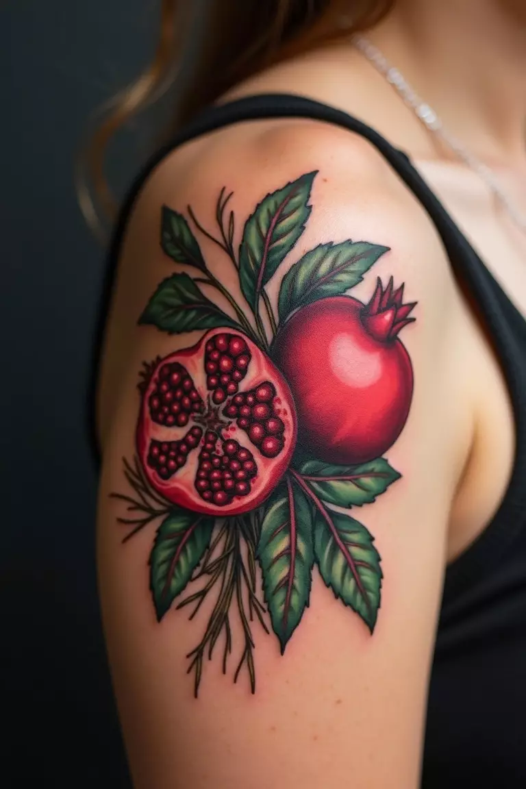 A close-up shot of a woman showing her black ink vibrant pomegranate tattoo on her arm