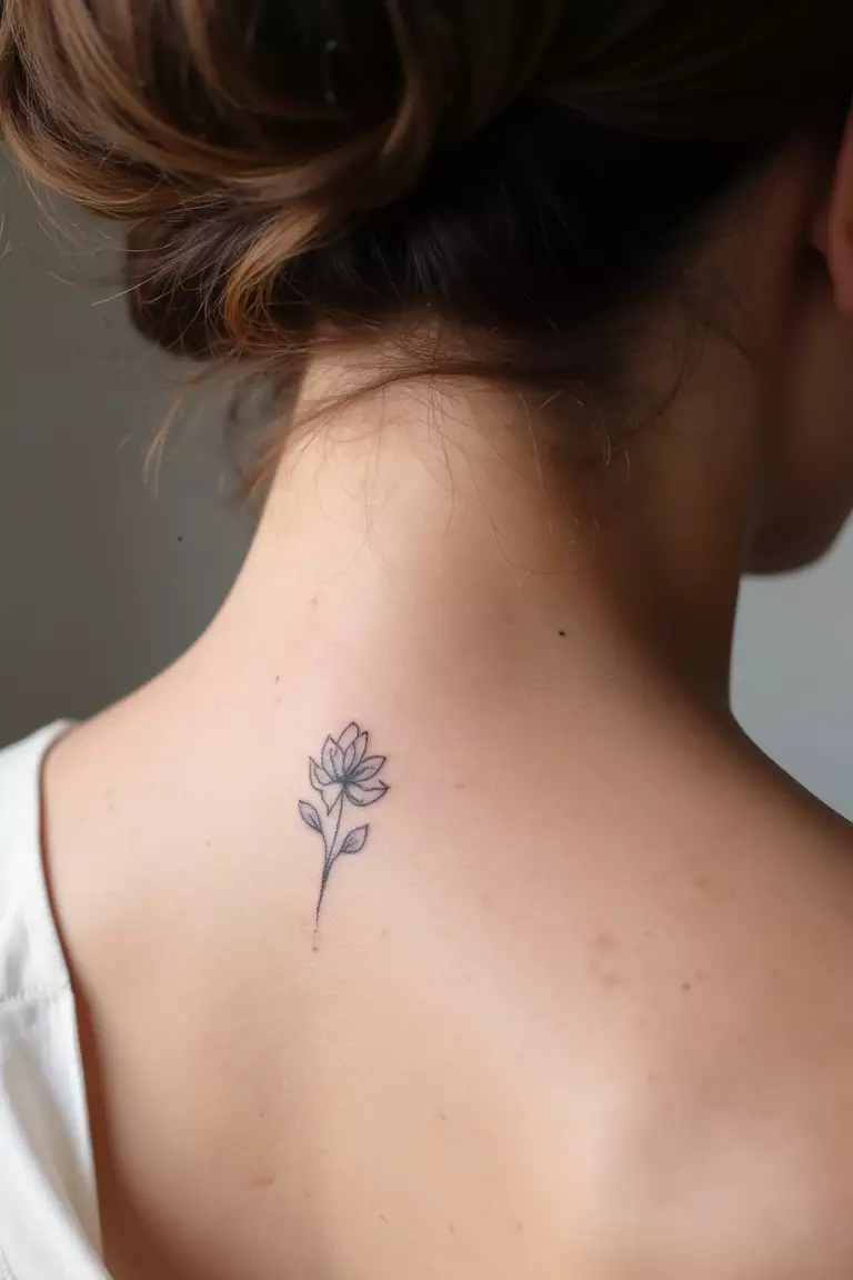 A close up shot of woman's neck from the back with a black ink tiny flower outline tattoo  