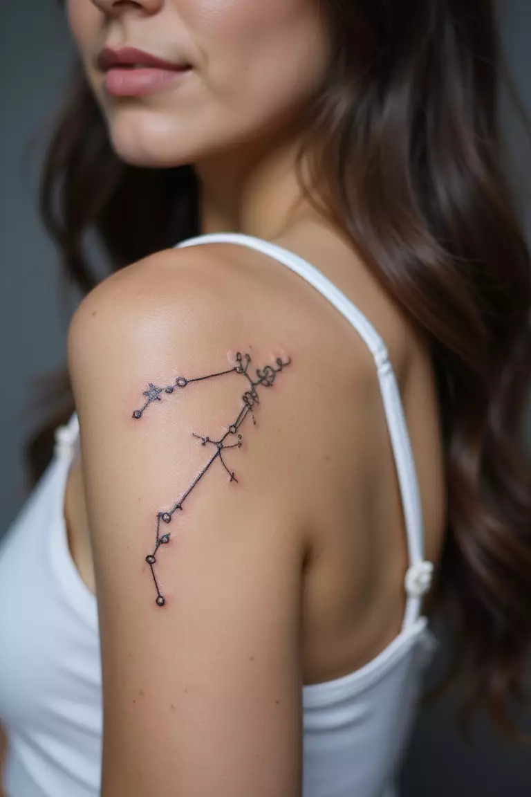 A close-up shot of a woman showing her black ink outline of the Ursa Minor constellation tattoo design on her arm