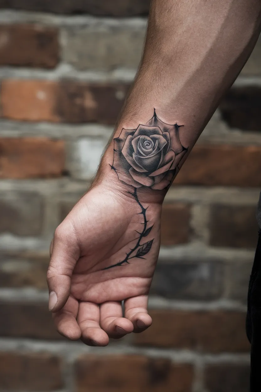 Black and Gray Rose Hand Tattoo
