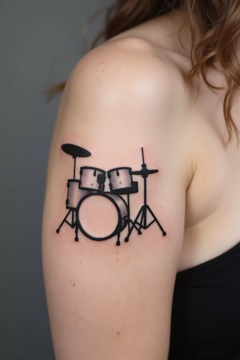 A close-up shot of a woman showing her black ink minimalist drum set outline tattoo on her arm.