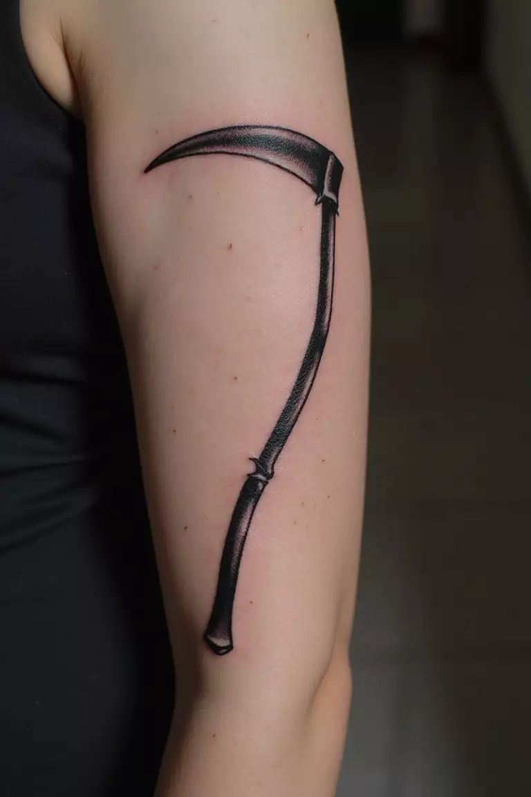 A close-up shot of a woman's arm with a black ink tattoo of a scythe.