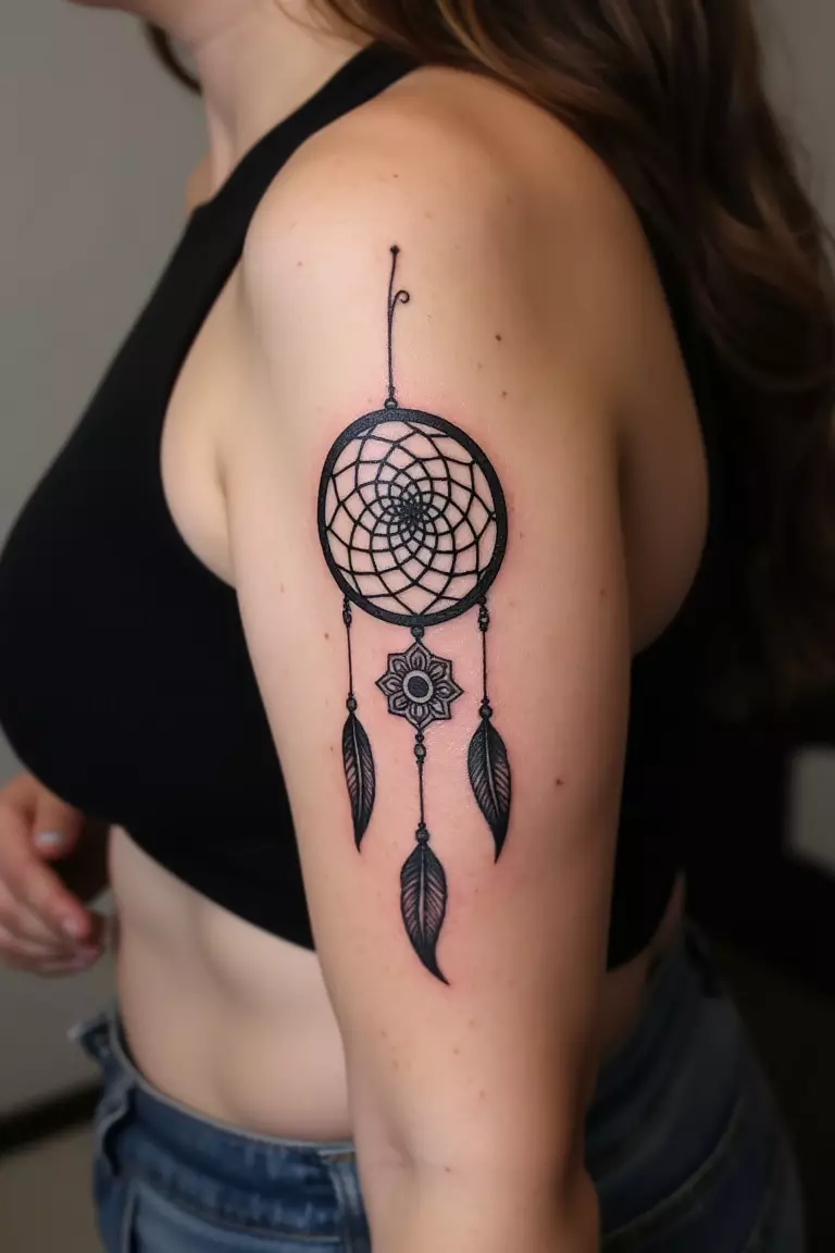 A close up shot of woman's arm with a black ink abstract shape dreamcatcher tattoo.