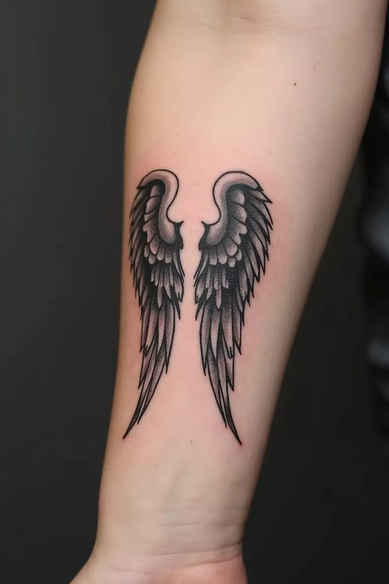 Sketch Style Angel Wings A close-up shot of a woman's arm with a black ink tattoo of sketch style angel wings.