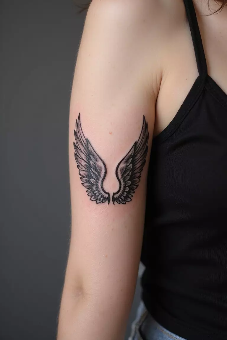 Classic Angel Wings A close-up shot of a woman's arm with a black ink tattoo of classic angel wings.