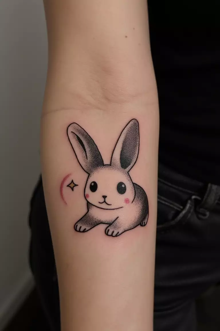 A close up shot of woman's arm with a black ink Japanese-inspired bunny tattoo  
