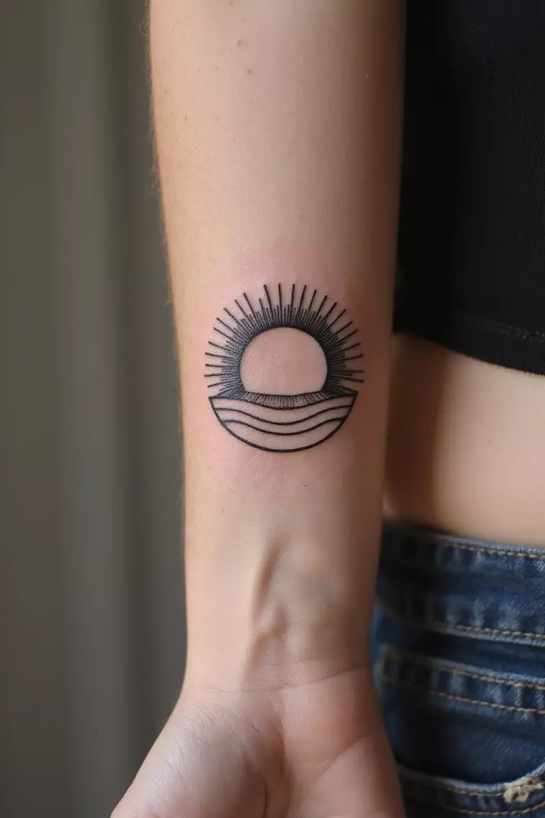 A close-up shot of a woman showing her black ink rising sun tattoo partially visible over a horizon line tattoo design on her arm