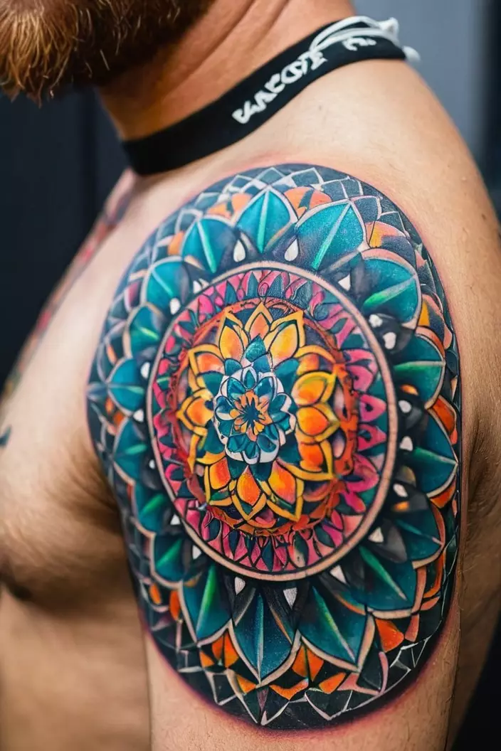 A close-up photo of a man showing his geometric mandala tattoo, featuring a vibrant mandala design constructed with intricate geometric details.  