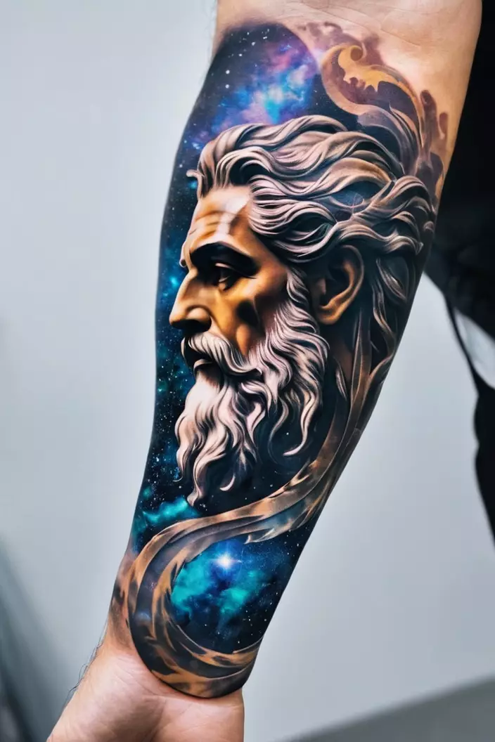 A close-up photo of a man showing his ethereal Zeus and cosmos sleeve tattoo, featuring cosmic elements swirling around a majestic Zeus.  
