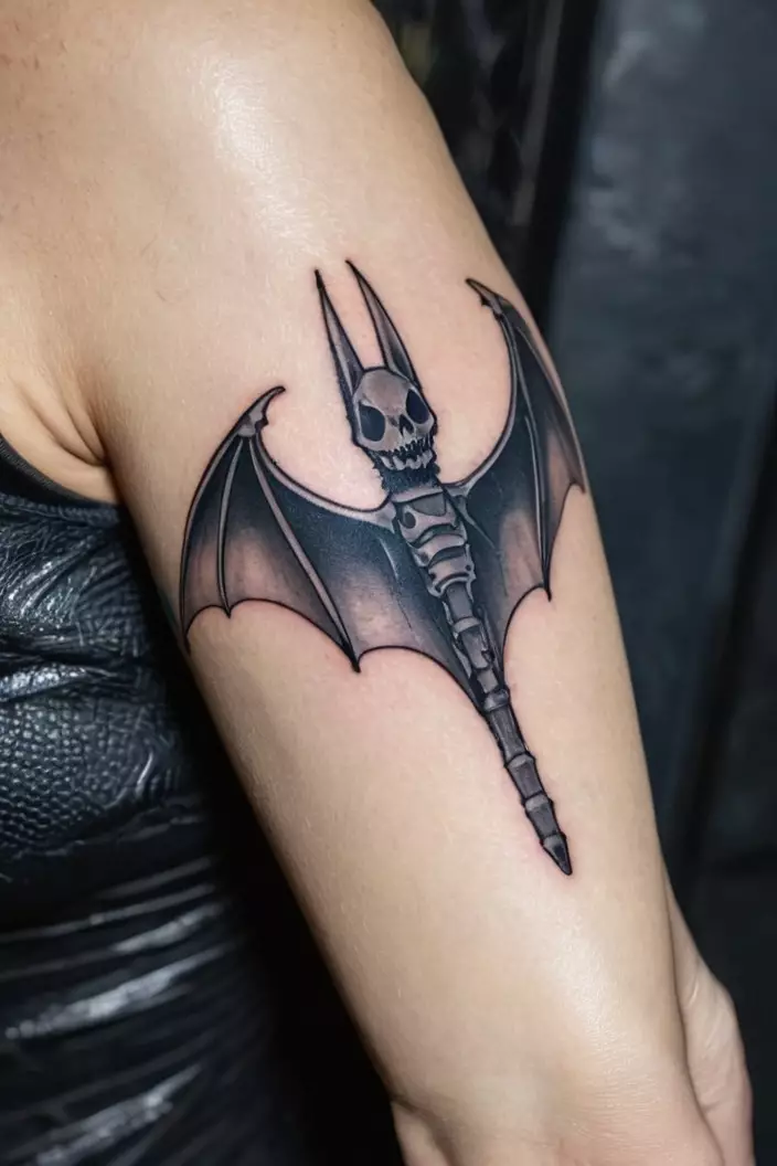 A close-up photo of a woman showing her black and gray half skeletal bat tattoo, revealing the structure, on her arm.  
