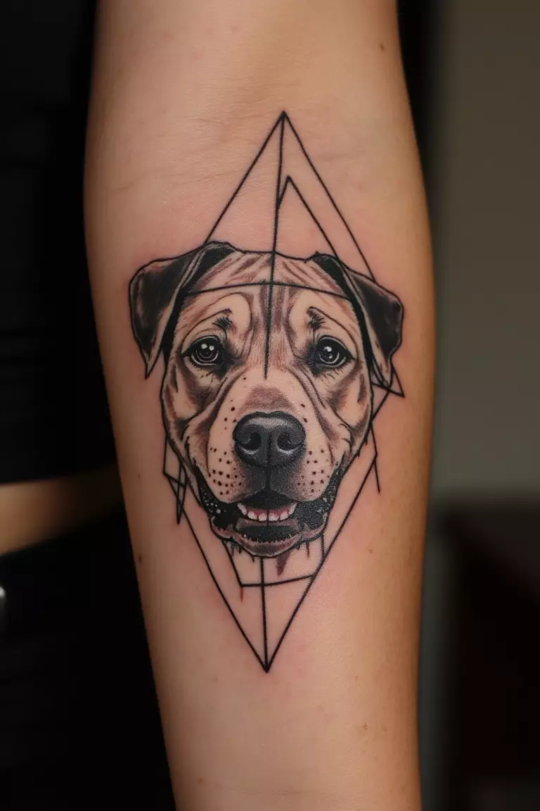 A close up shot of a woman showing her black ink abstract dog face made of geometric shapes tattoo on her arm  