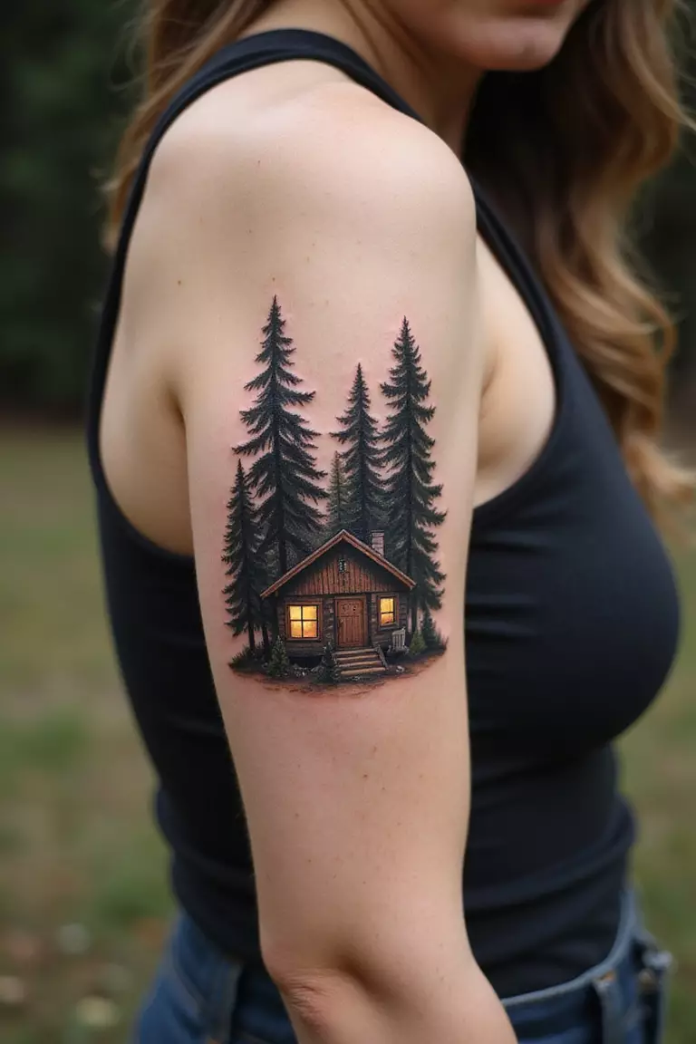 A close-up shot of a woman showing her black ink cozy cabin in the woods tattoo on her arm.