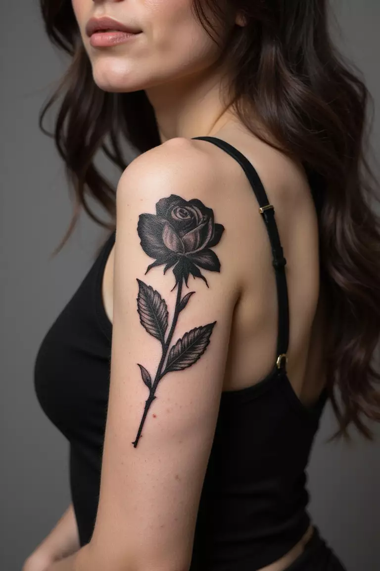 A close-up shot of a woman showing her black ink abstract rose shape tattoo on her arm.