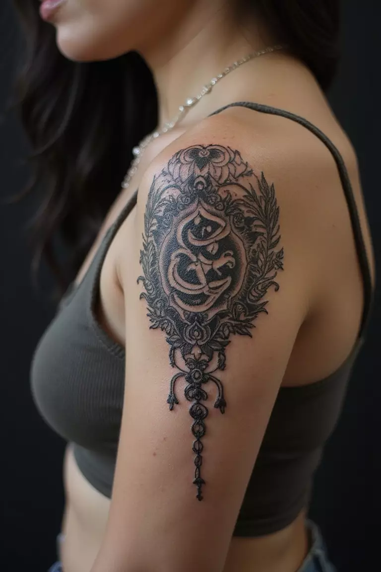 Sak Yant Thai Traditional A close-up shot of a woman showing her black ink Sak Yant Thai Traditional tattoo design on her arm