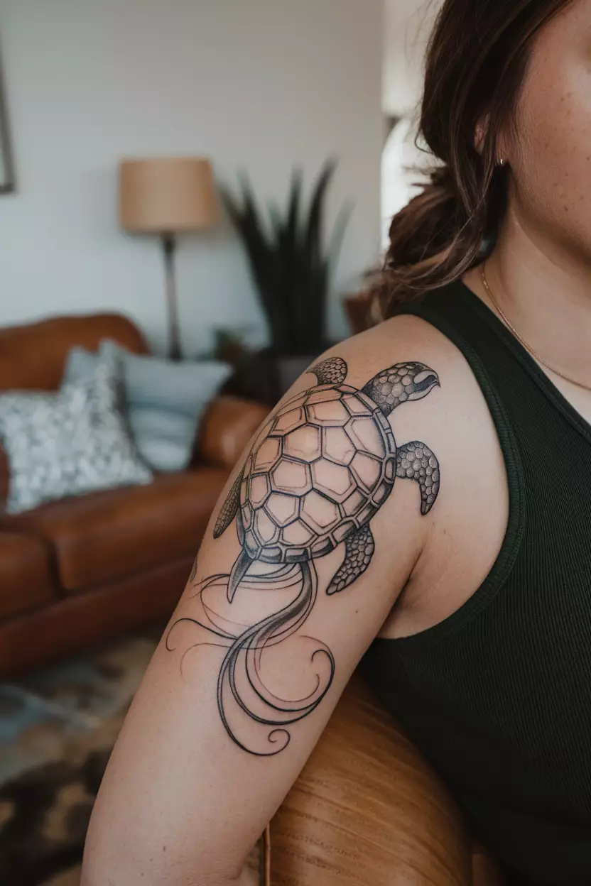 A close-up photo of a woman showing her artistic swirl turtle tattoo on her bicep, with flowing lines that create movement and elegance in the design, living room background.