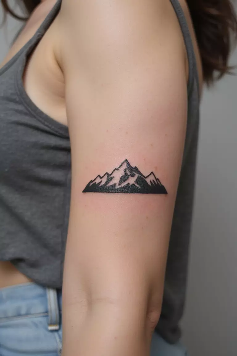 A close up shot of woman's arm with a black ink tattoo of a simple mountain range outline.