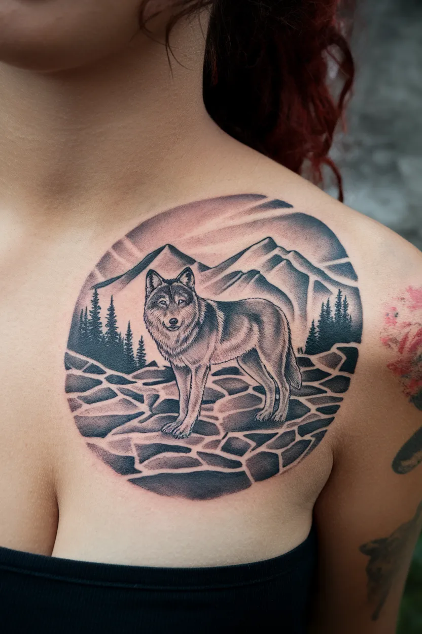 Wolf Landscape Tattoo for Women