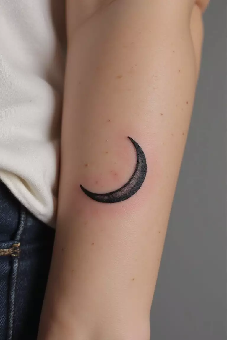 Crescent Moon A close-up shot of a woman's arm with a black ink tattoo of a simple crescent moon symbol.
