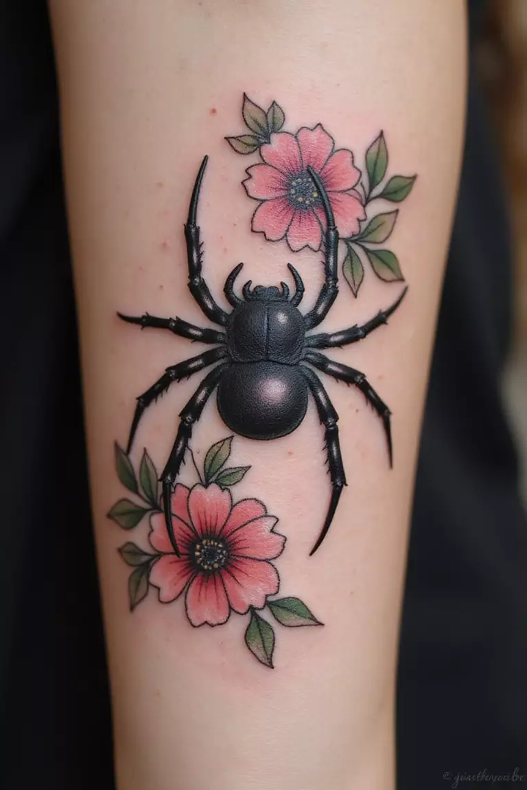 A close-up shot of a woman showing her black ink tarantula tattoo design surrounded by delicate flowers on her arm