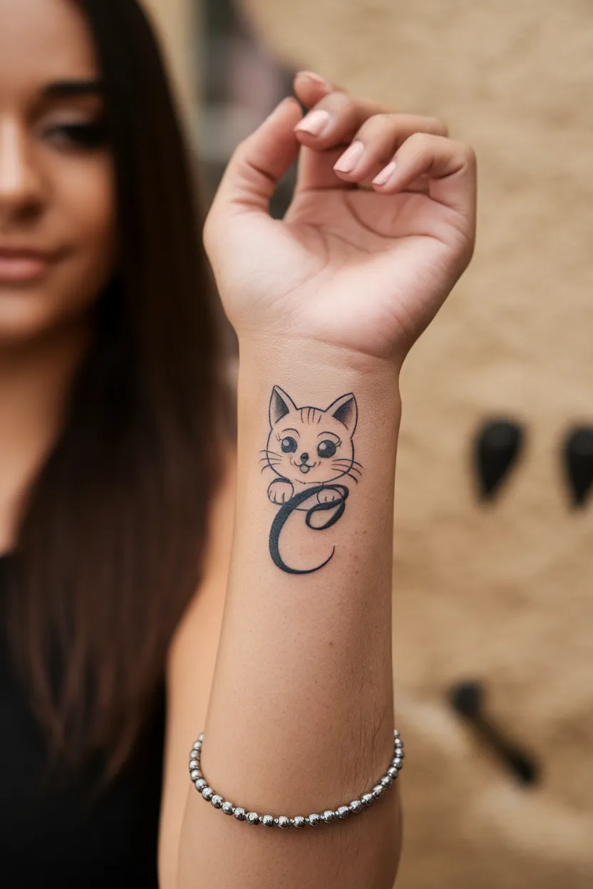 A Cute Kitten Tattoo With an Initial