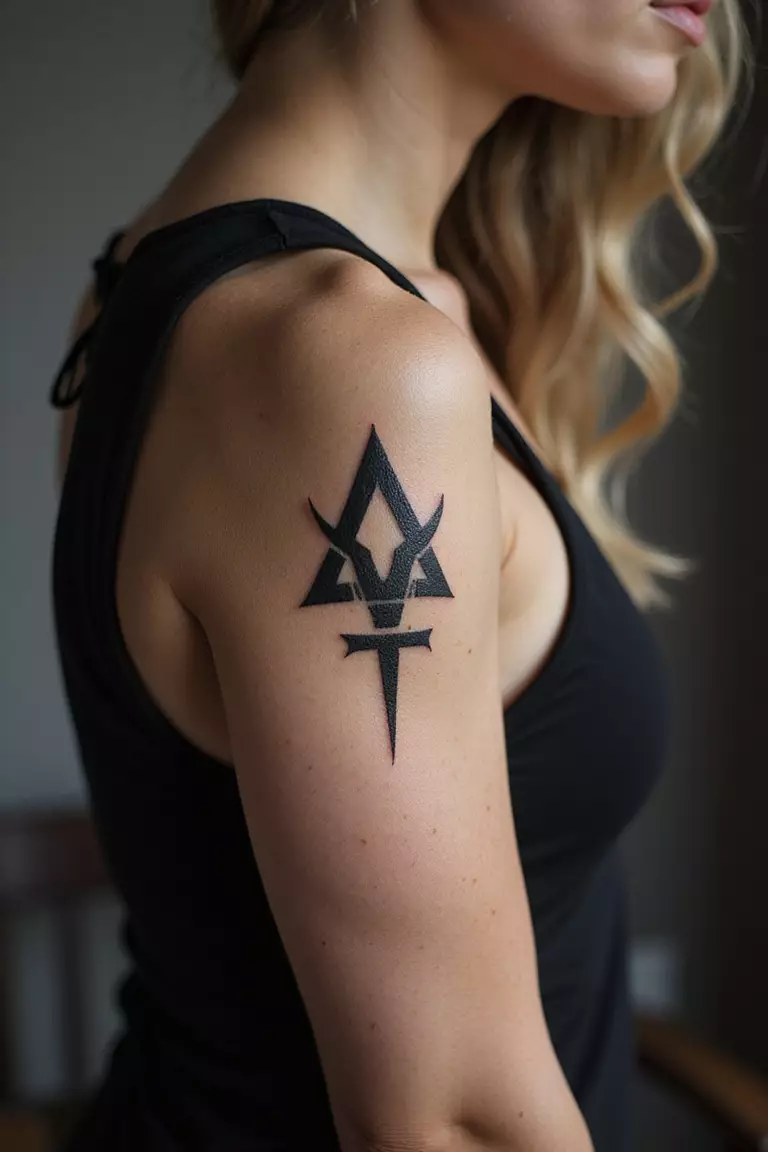 A close-up shot of a woman showing her black ink Viking rune for power tattoo on her arm