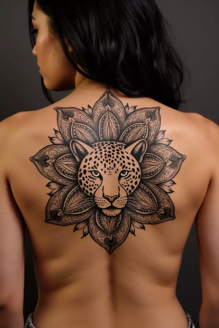 A photo of a woman showing her spiritual leopard tattoo surrounded by intricate mandala patterns on her back