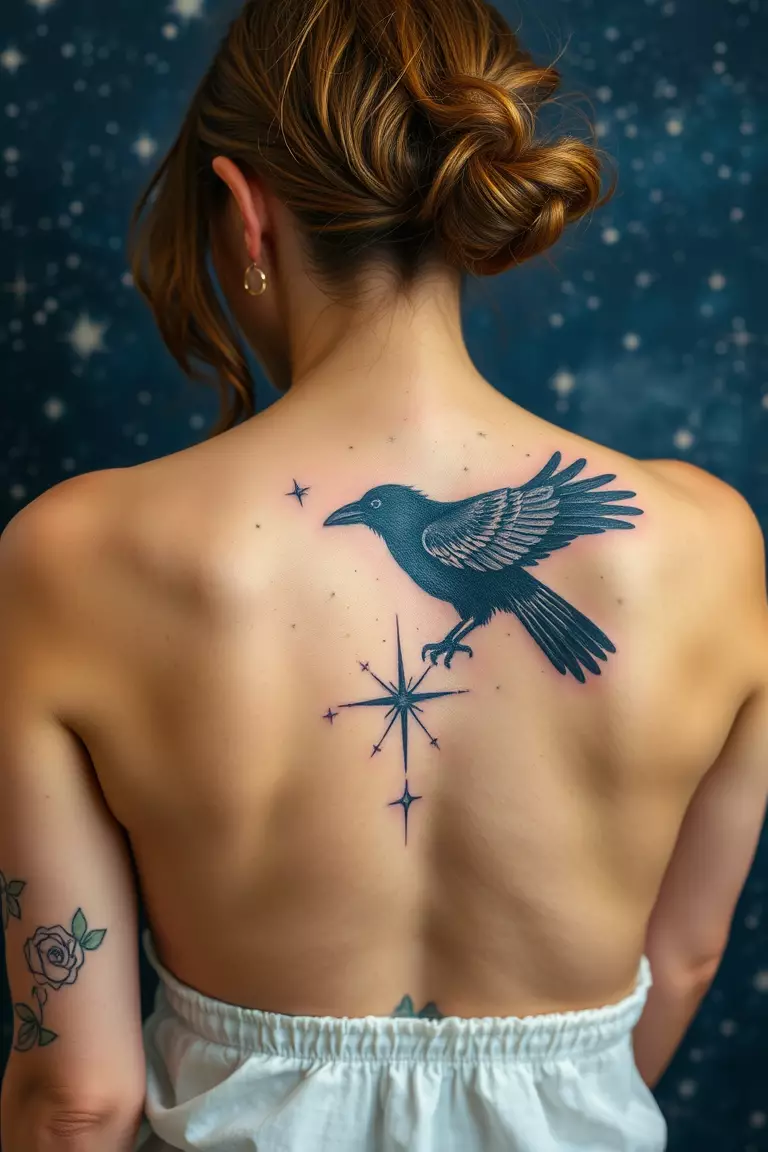 A photo of a woman showcasing a crow against a starry night sky tattoo on her back, immersing the viewer in a dreamy, celestial scene.  