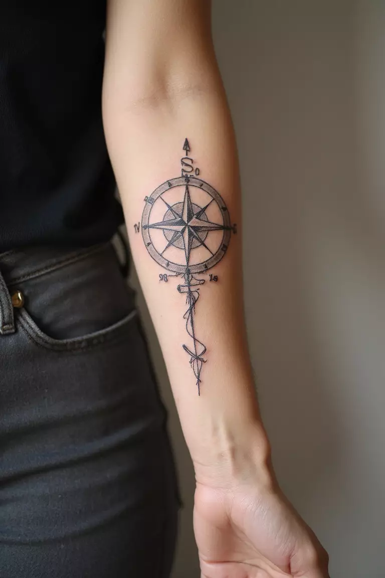 A close-up shot of a woman showing her black ink fine line GPS coordinates tattoo design on her arm