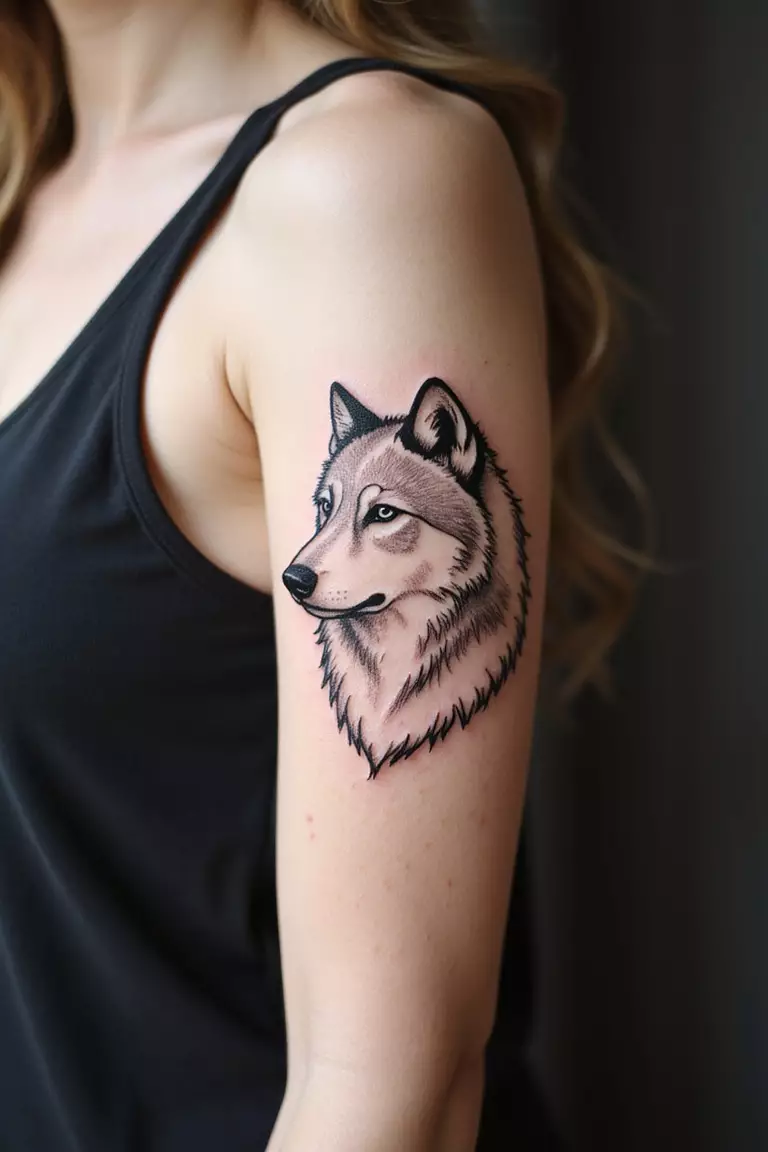 A close-up shot of a woman showing her black ink animal outline tattoo design of a simple wolf profile on her arm