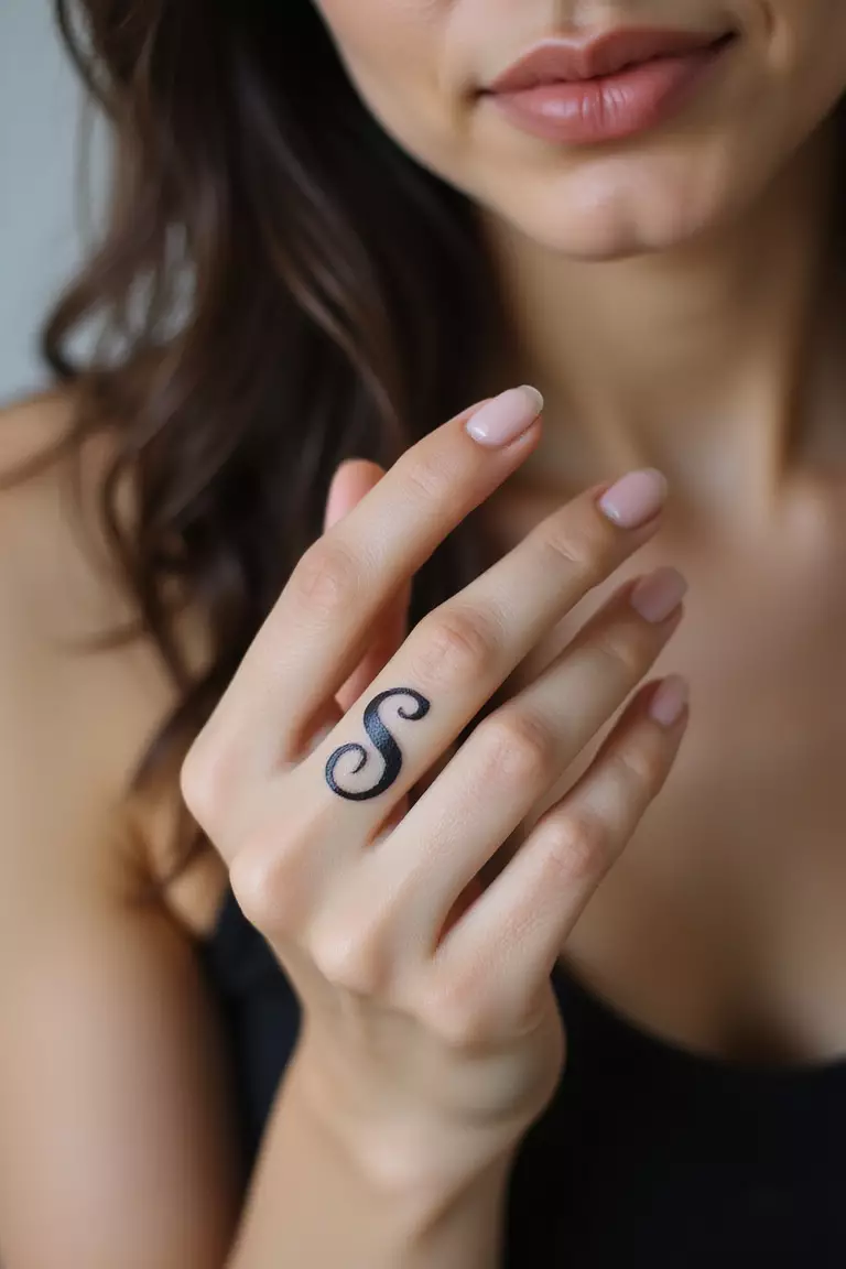 A close-up shot of a woman showing her black ink small cursive letter 'S' tattoo design on her finger