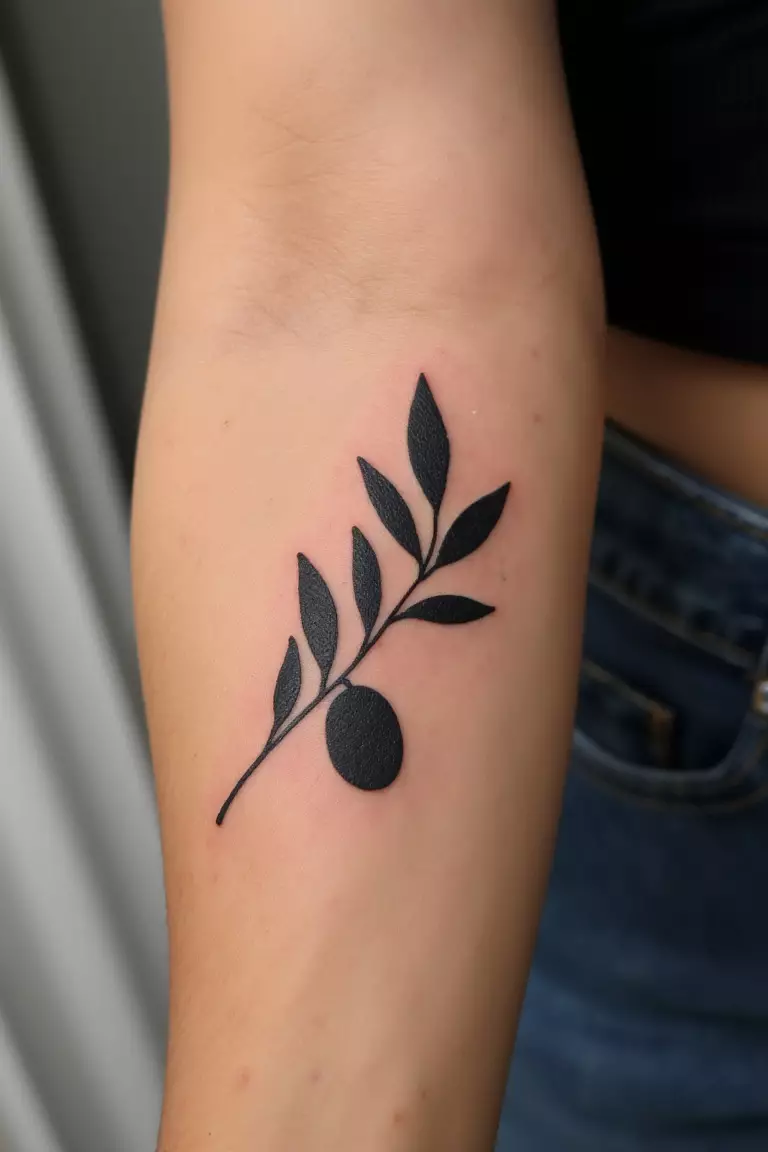 A close up shot of woman's arm with a black ink olive branch and a single olive tattoo  
