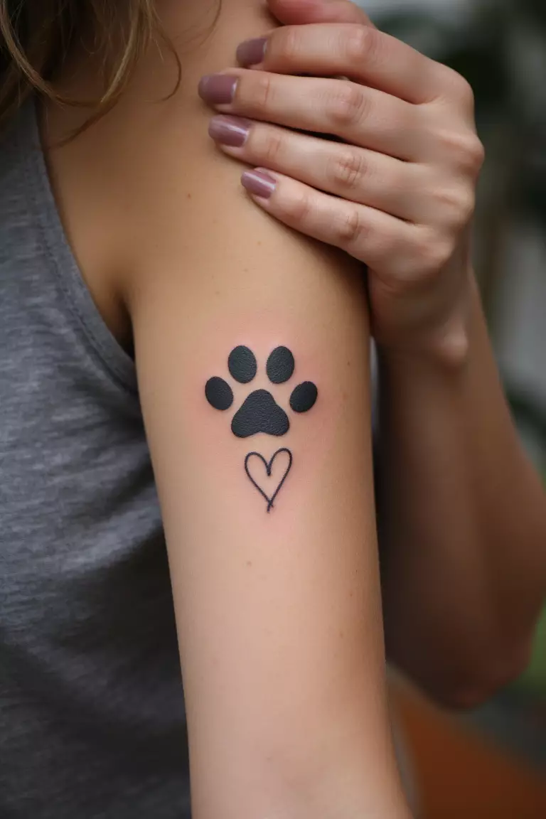 A close up shot of a woman showing her black ink dog paw print with a small heart tattoo on her arm  