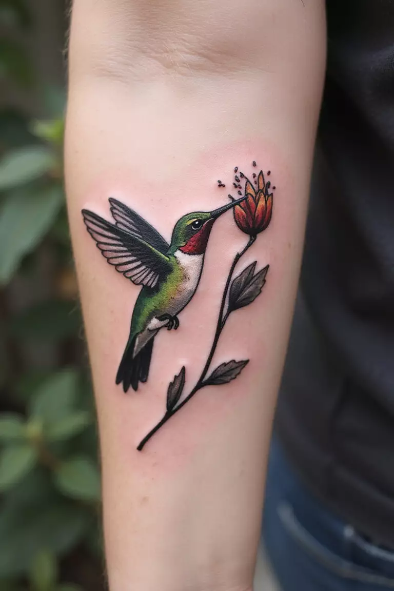 A close-up shot of a woman's arm with a black ink tattoo of a delicate hummingbird sipping nectar from a flower.