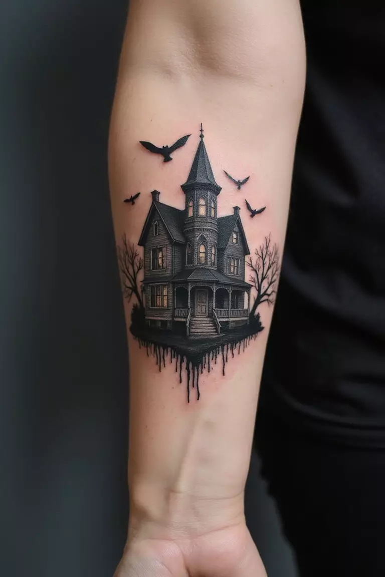 A close-up shot of a woman's arm with a black ink tattoo of a haunted house.