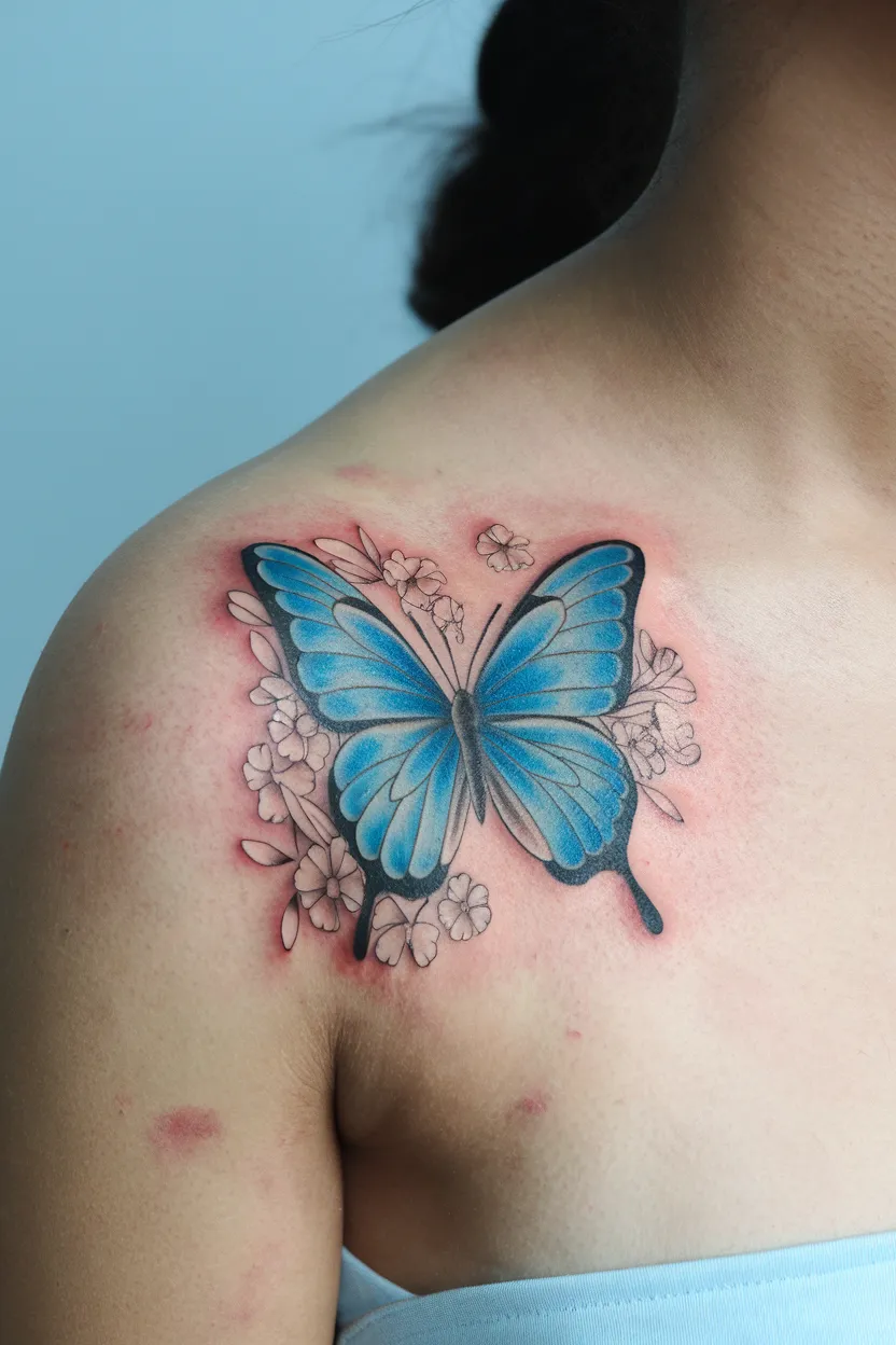 Blue Butterfly With Floral Accents