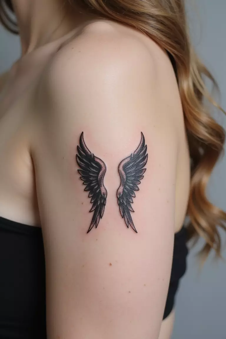 Minimalist Angel Wings A close-up shot of a woman's arm with a black ink tattoo of minimalist angel wings.