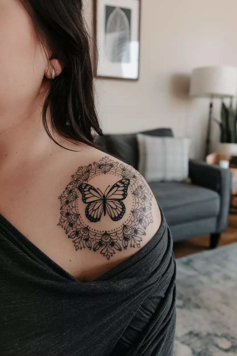 A close-up photo of a woman showing her black butterfly tattoo surrounded by floral mandala patterns, symbolizing unity and harmony in nature, tattoo design, living room background