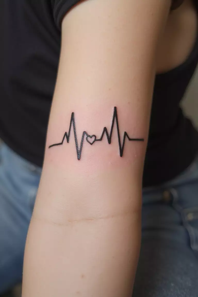 A close-up shot of a woman's arm with a black ink tattoo of an EKG heartbeat line with a small heart integrated into it.