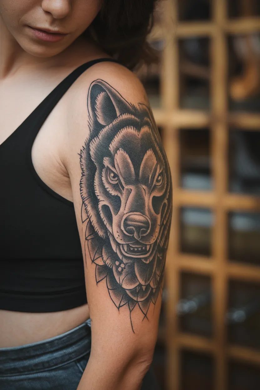 Cute Old Upper Arm Wolf Tattoo Designs for Women