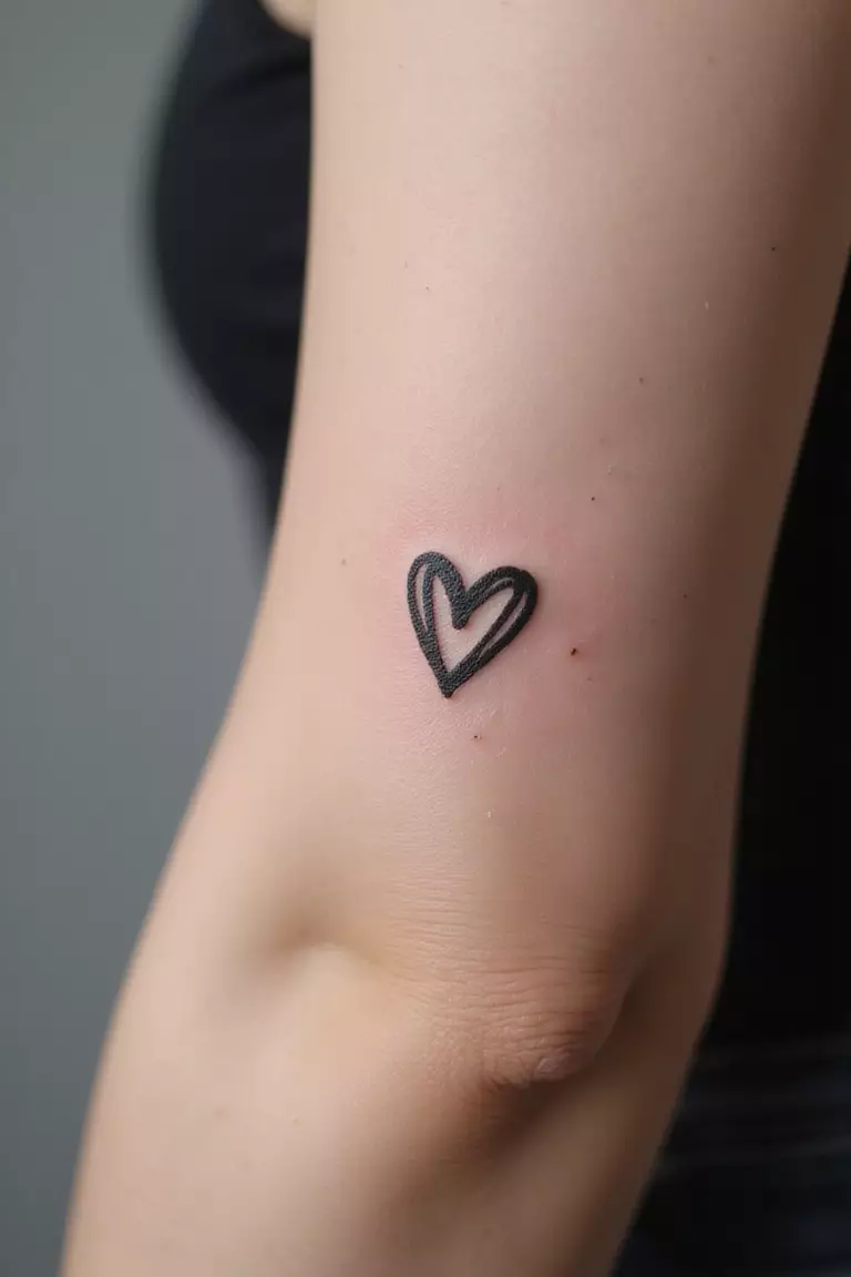 A close-up shot of a woman's arm with a black ink tattoo of a tiny, delicate heart, fine line style.