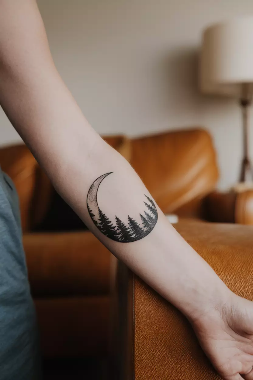 A close-up photo of a woman showing her arm with a nature-inspired tattoo of a crescent moon formed by the silhouettes of trees, tattoo design, living room background