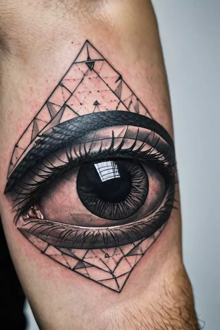 A close-up photo of a man showing a black eye geometrical tattoo on his arm.  
