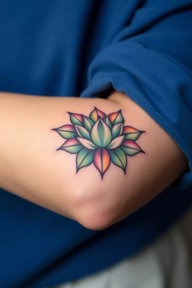 A close-up photo of a woman showing her multi-shade lotus flower arm tattoo design.  