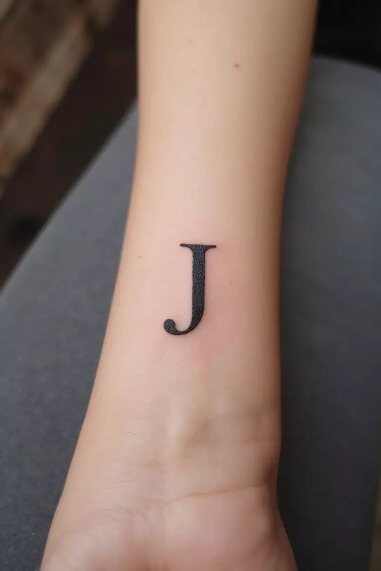 A close up shot of woman's arm with a black ink tattoo of the letter 'J' in a simple font.
