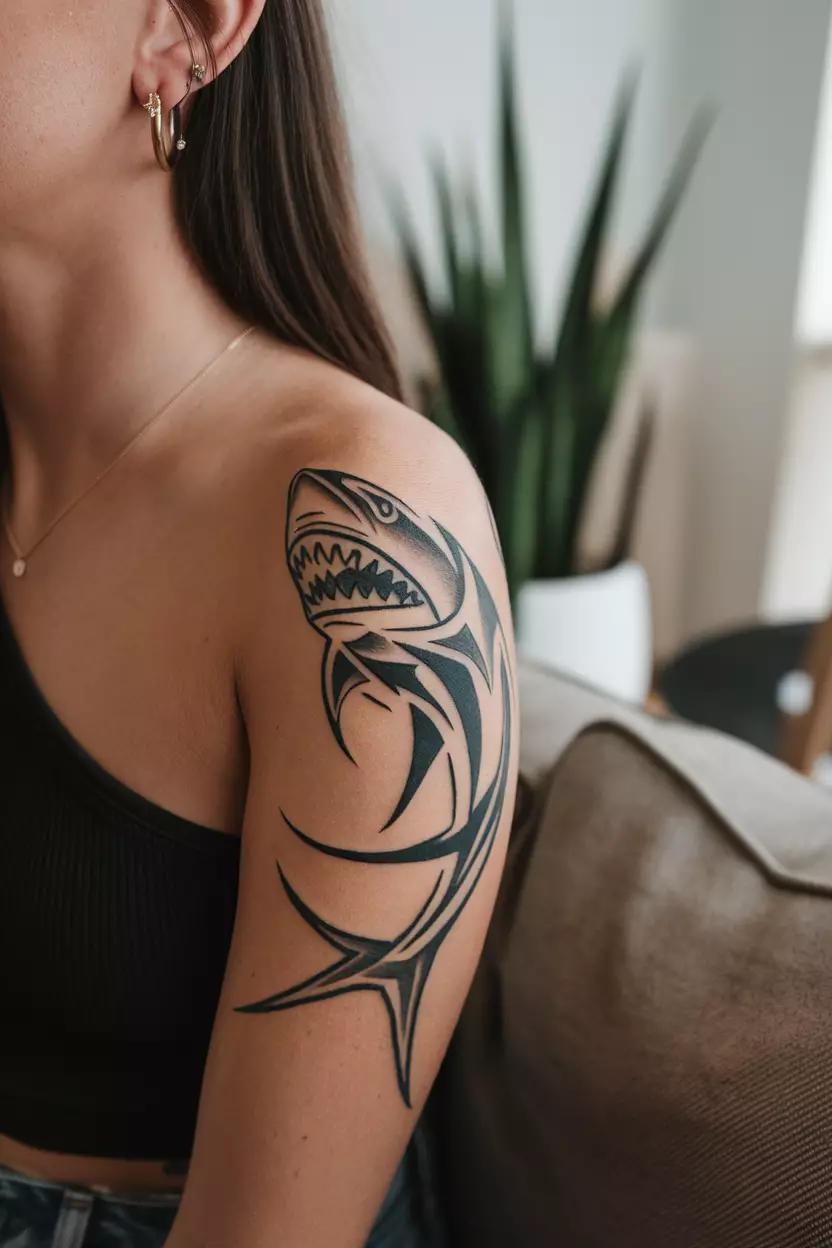 A close-up photo of a woman showing her tribal shark tattoo featuring sharp lines and curves that signify strength and respect for marine life s power in nature's ecosystem, tattoo design, living room background