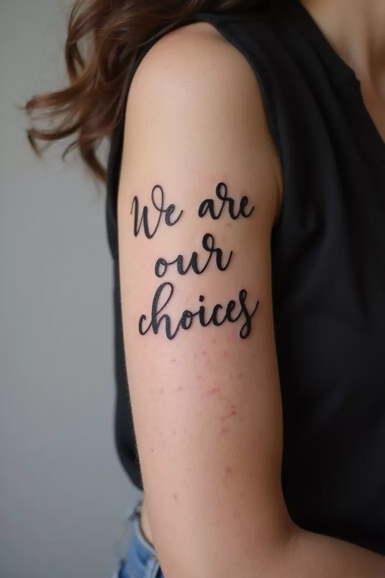 A close-up shot of a woman showing her black ink script lettering tattoo design spelling out "We are our choices" in elegant cursive on her arm